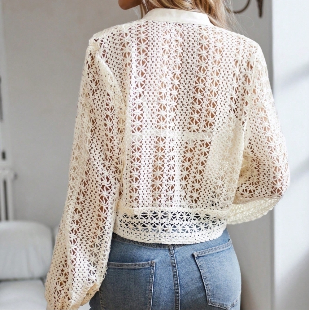Hollow Out Button Front Crop Blouse - Picture 3 of 4